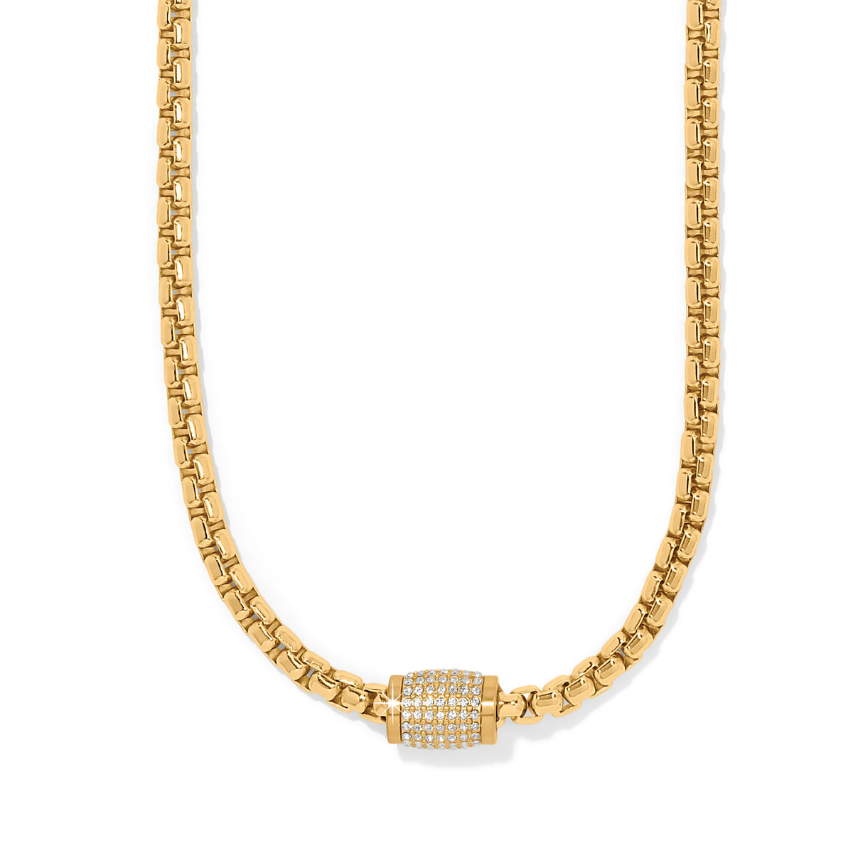 Gold-plated necklace with fine quality crystals on an adjustable chain featuring a lobster claw closure.