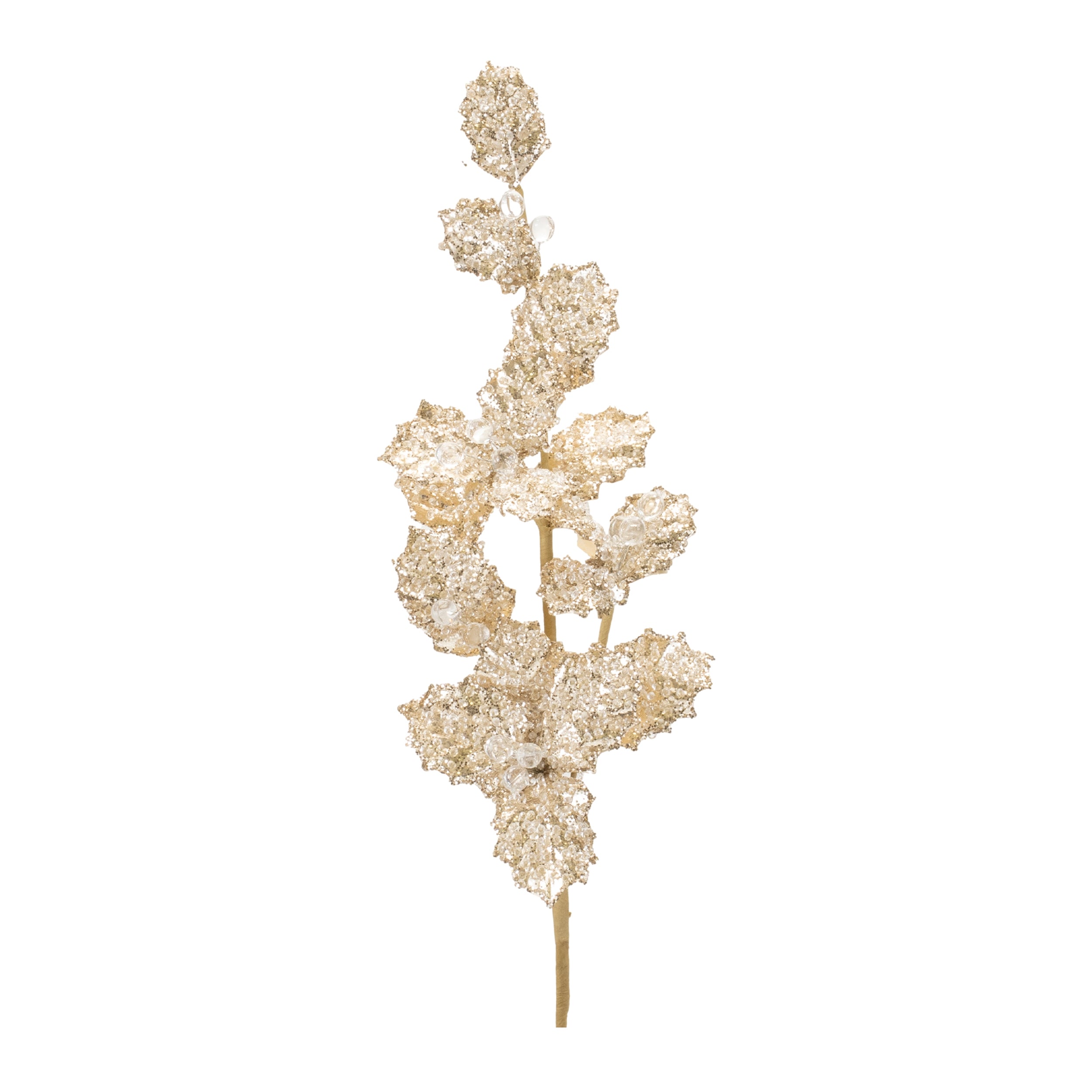 24-inch gold glitter holly spray with clear bead accents on a single stem.