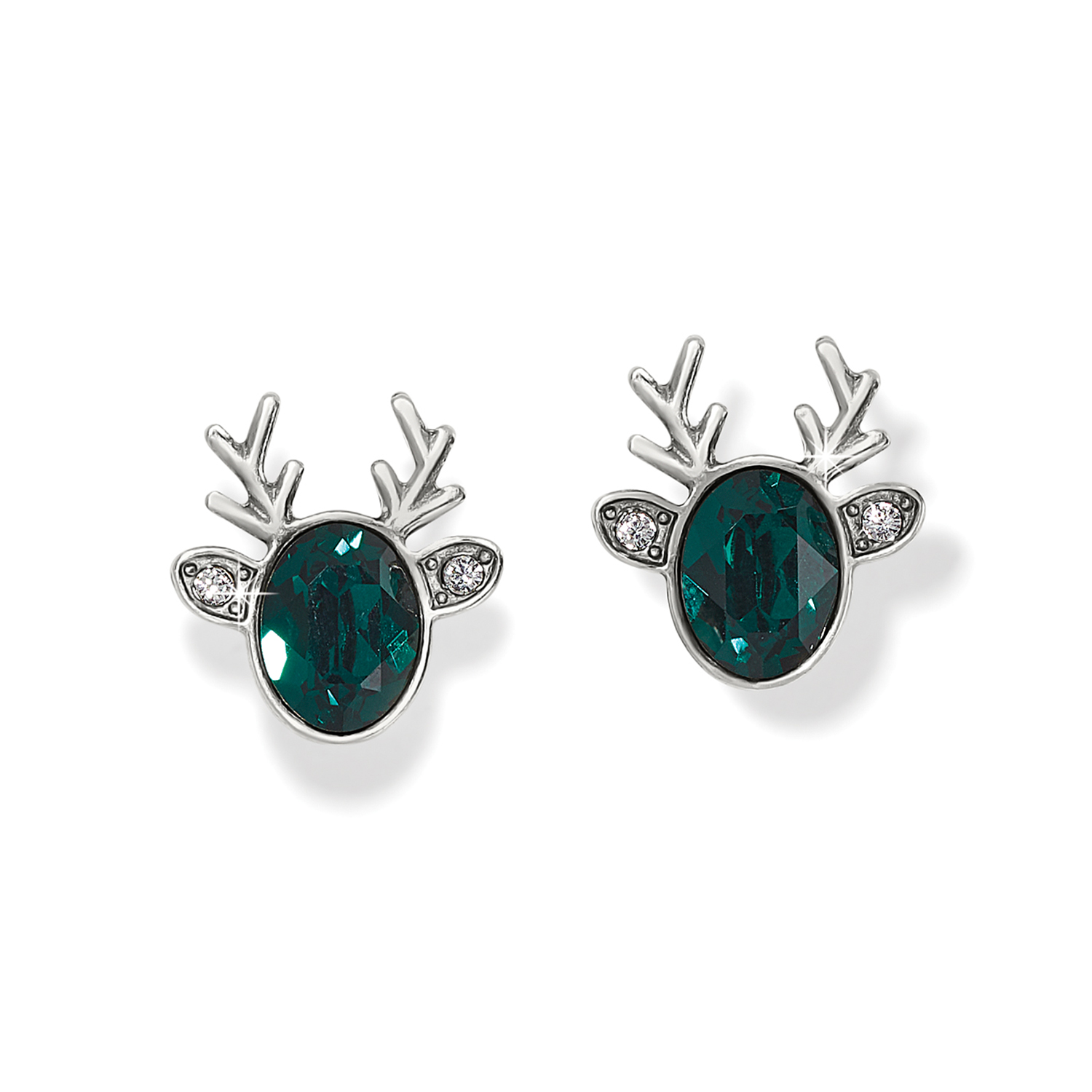 Silver-plated reindeer post earrings with oval green crystals and small clear crystal accents.