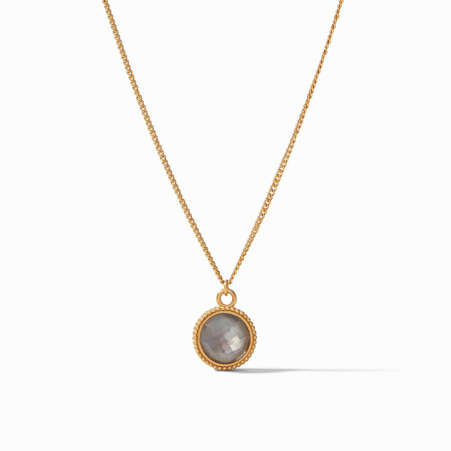 Adjustable necklace with a glittering gemstone on one side and fleur-de-lis intaglio reverse in gold plate.