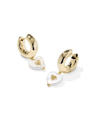 Gold Sasha Heart Huggie Earrings featuring chunky hoops and white heart-shaped pearl charms.