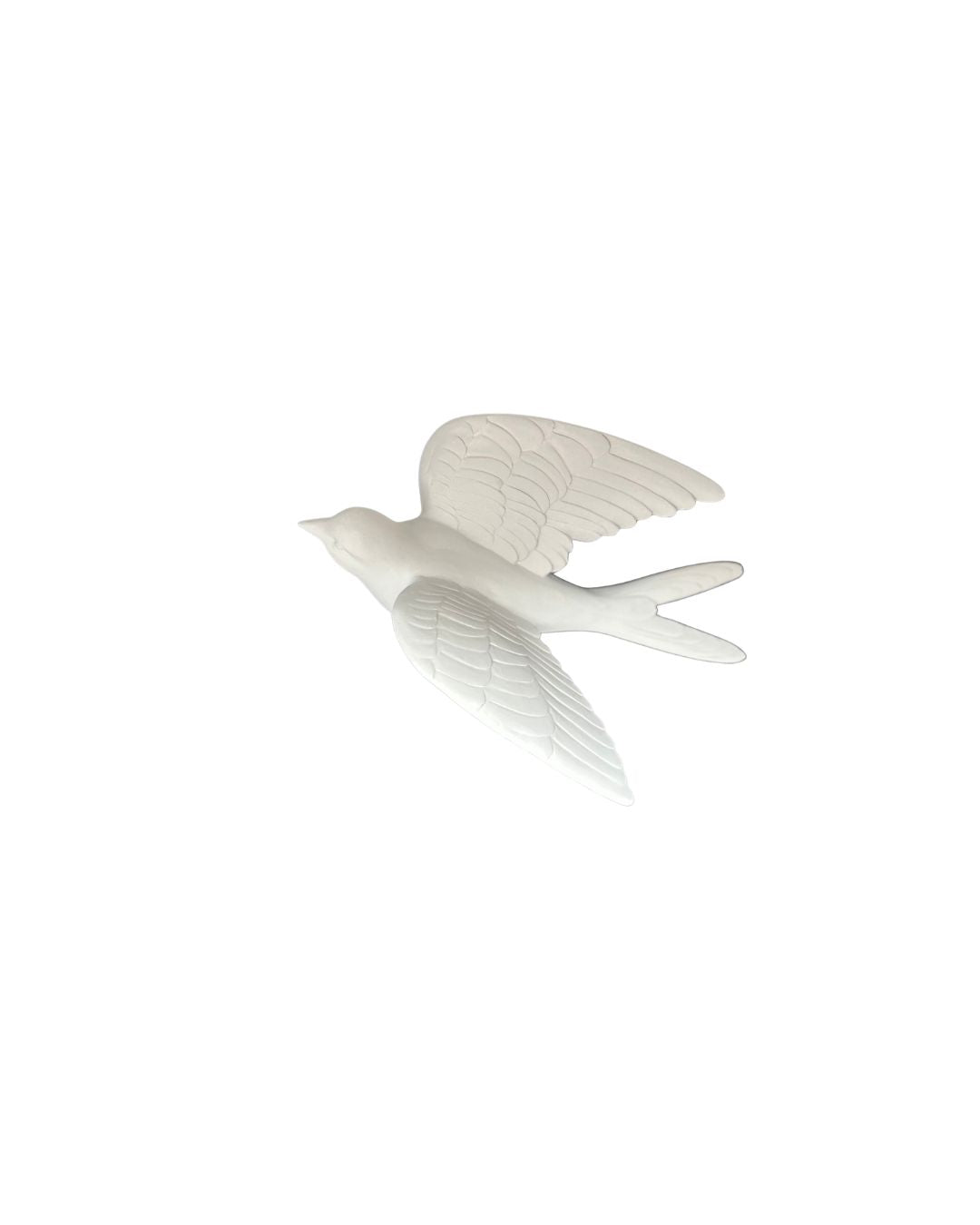 Matte white resin wall hanging shaped like a bird with smooth curves