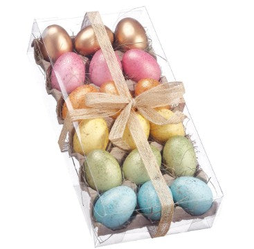 Set of 18 rainbow-colored eggs with gold accents on a white background.