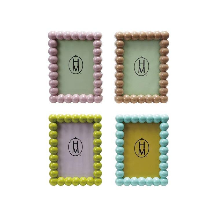 Four 7-inch MDF hobnail photo frames in pink, tan, lime green, and light blue.