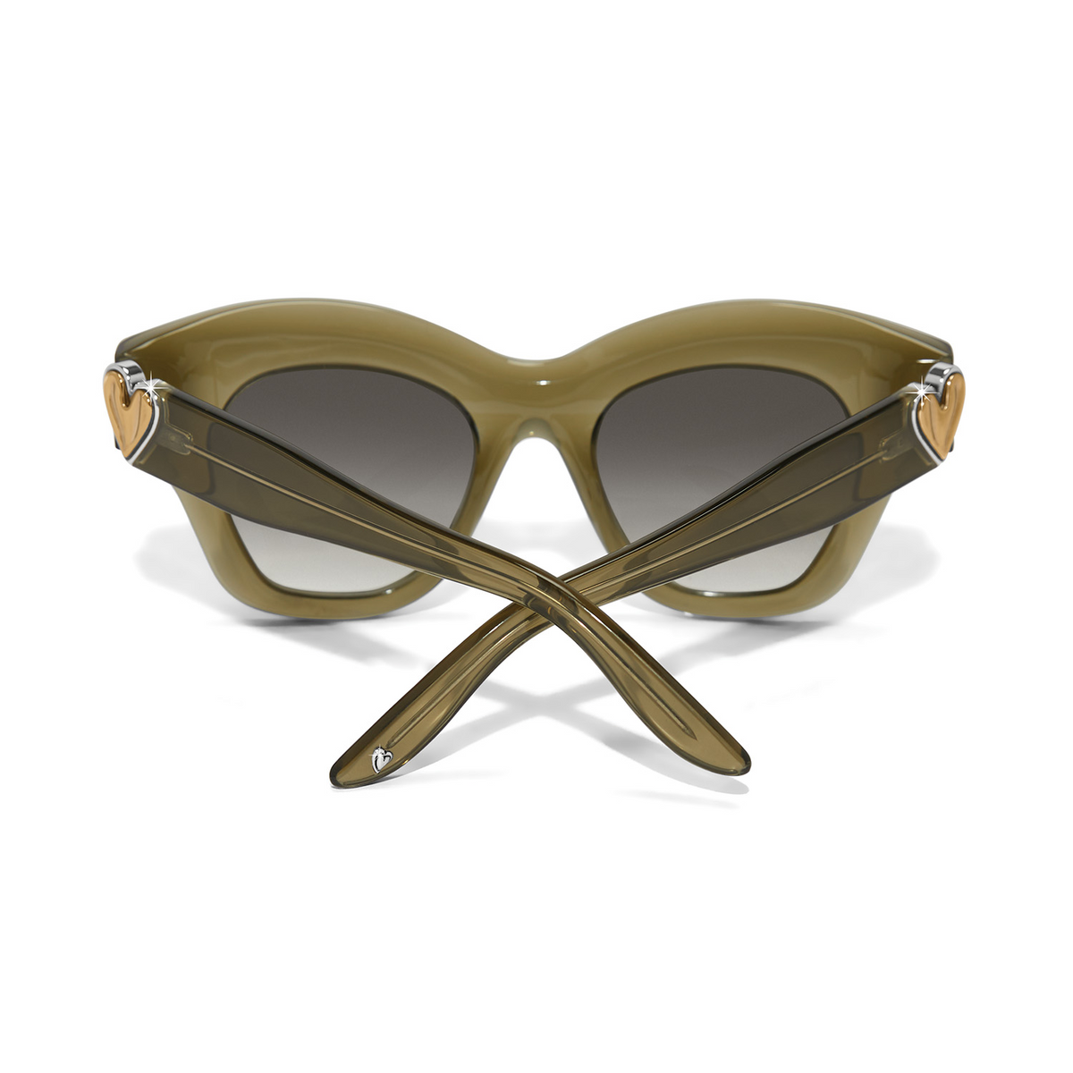 Sage green cat eye sunglasses with gold heart accents on the temples and gradient lenses.