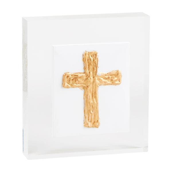 Small hand-painted acrylic cross plaque with vibrant colors on a clear background.