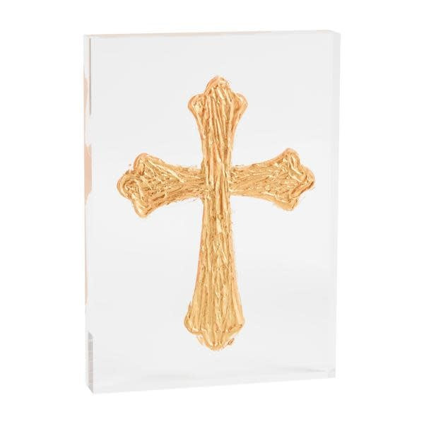Hand-painted acrylic cross plaque with vibrant colors on a small square background.