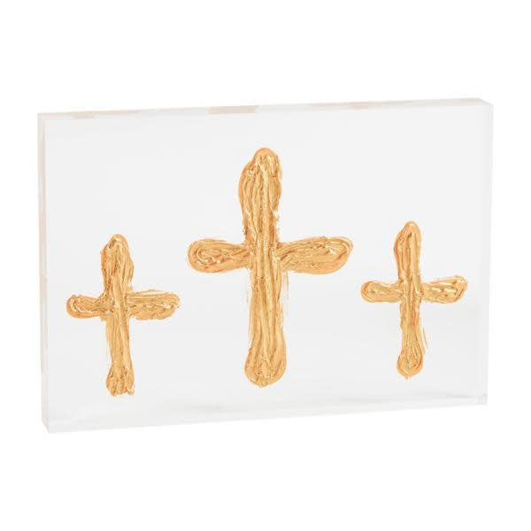 Hand-painted acrylic cross plaque featuring a triple-cross silhouette with vibrant colors on a small square background.