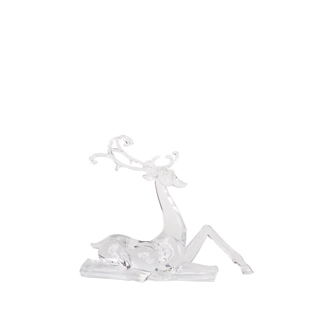 Sitting acrylic deer figurine in clear finish with antlers.
