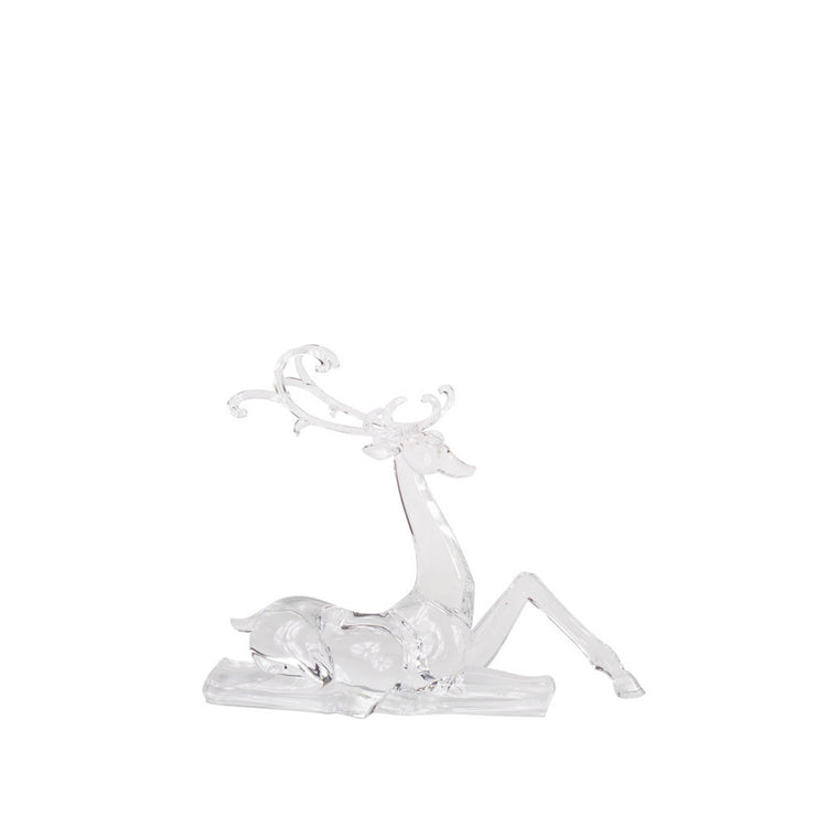 Sitting acrylic deer figurine in clear finish with antlers.