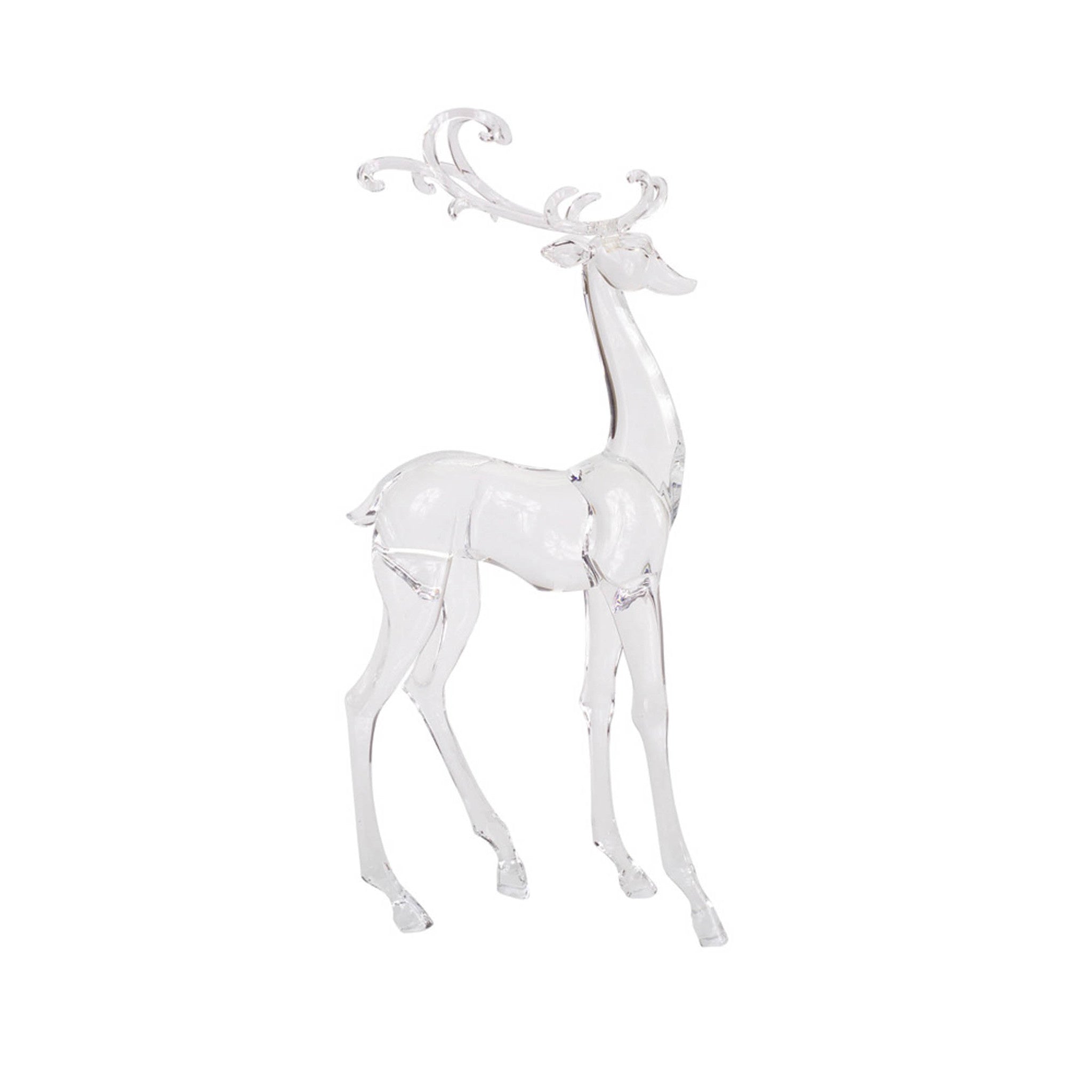 Standing acrylic deer figurine in clear finish with natural antler shape.