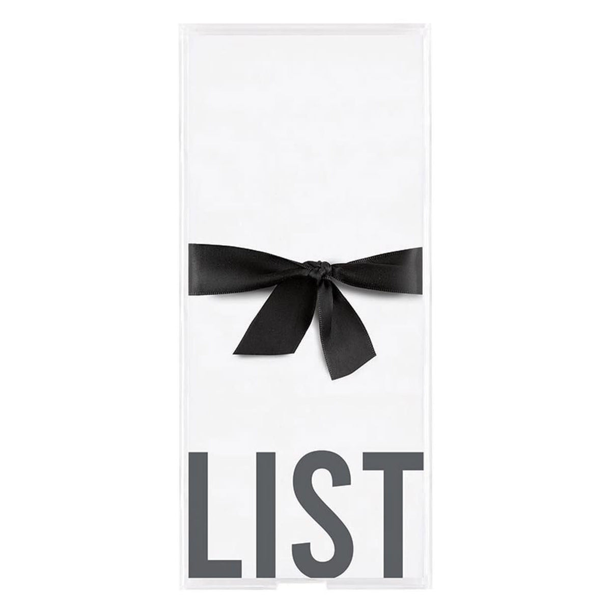Clear acrylic notepaper tray holding loose leaf paper inserts with simple messages.