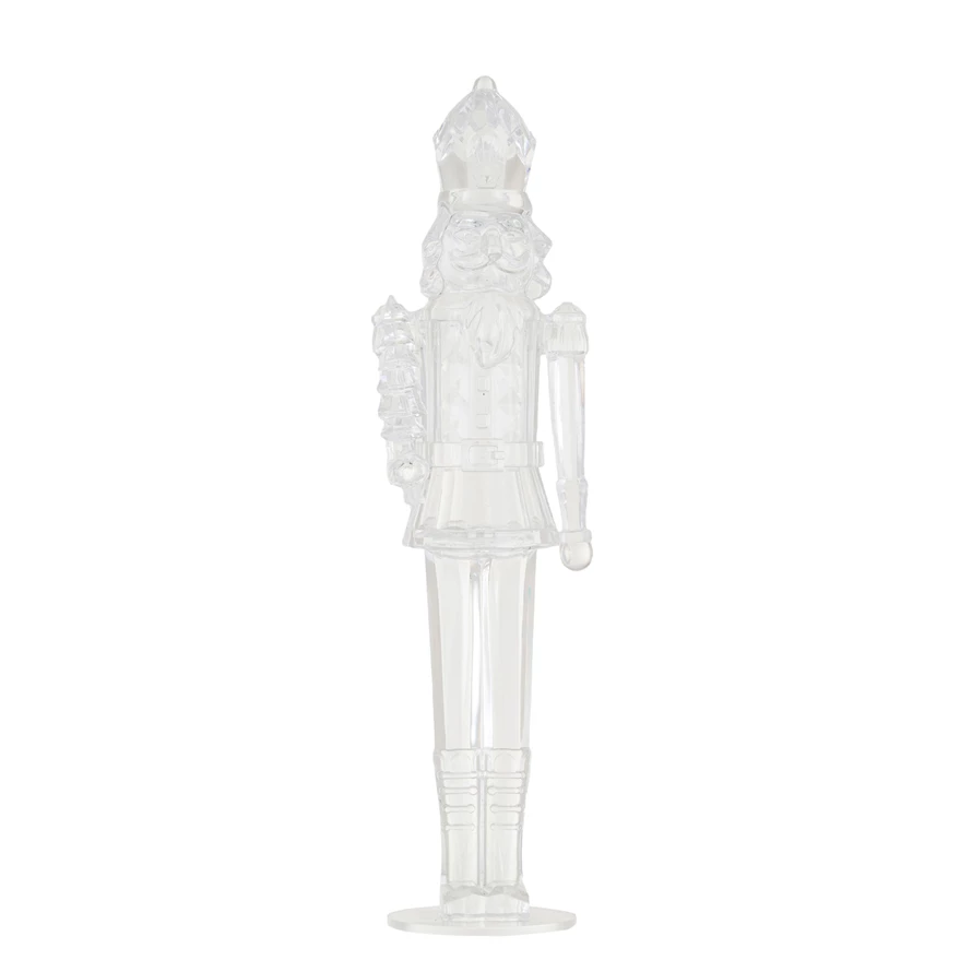 Clear acrylic round nutcracker with a sleek modern glass-like sculpture appearance.