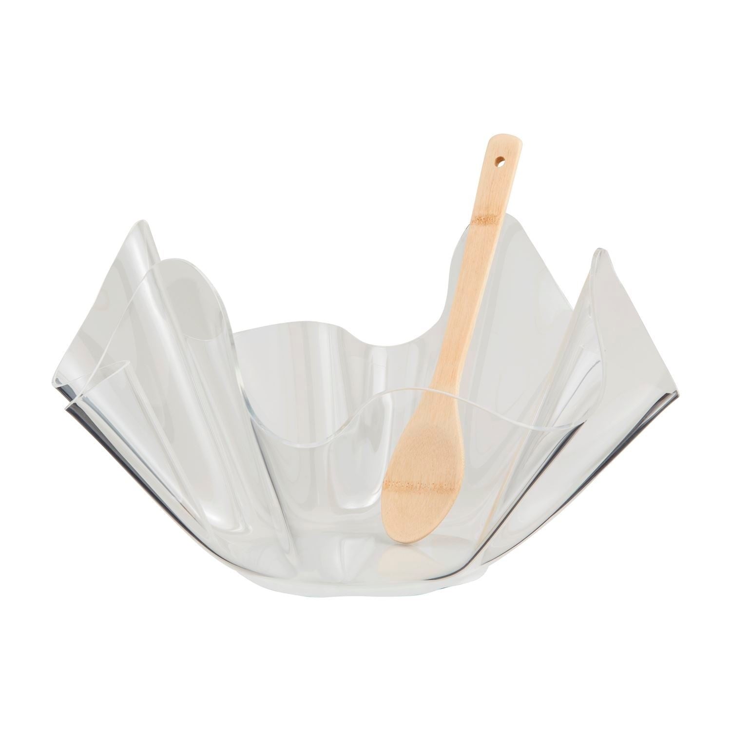 Two-piece acrylic ruffle bowl set in clear with wooden spoon included.