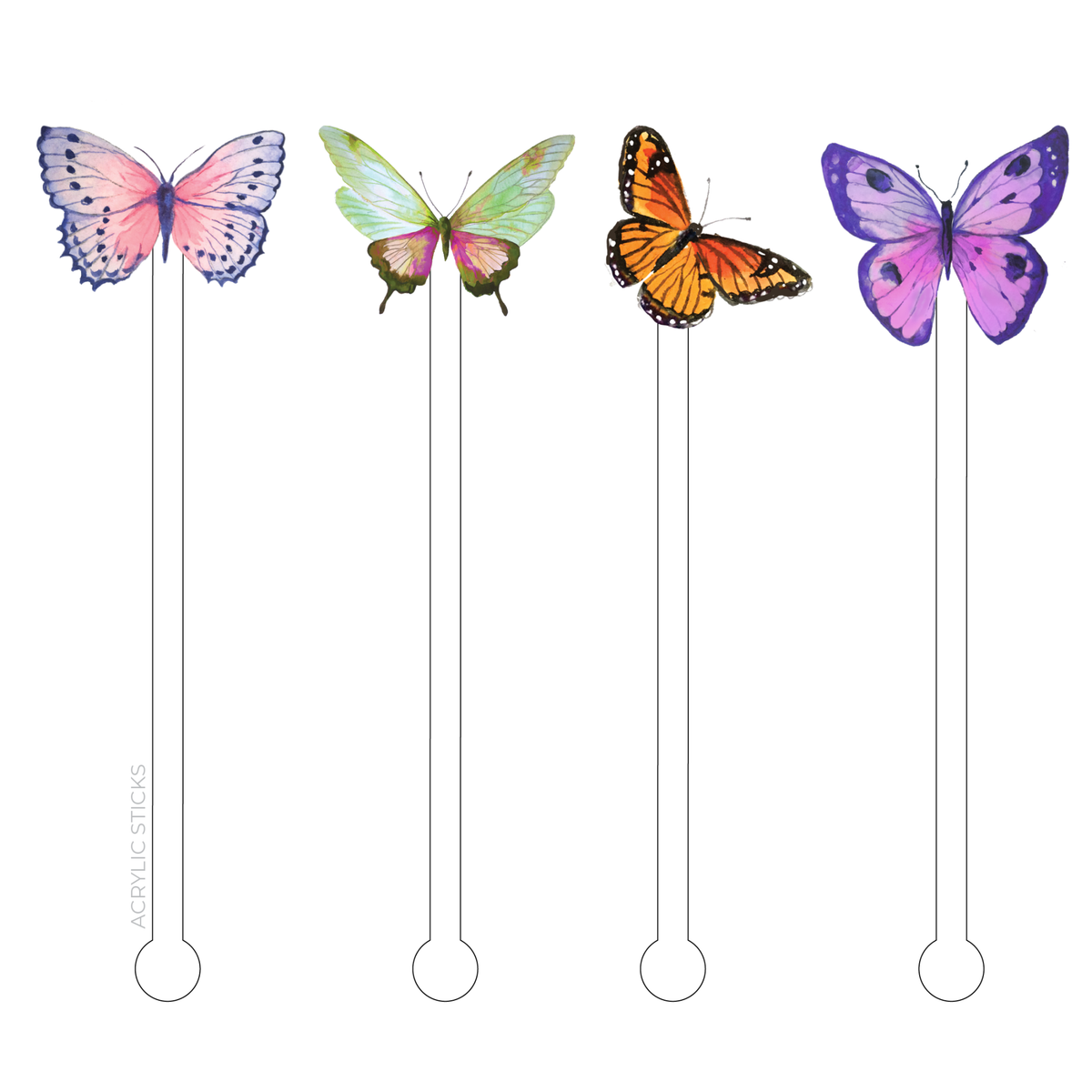 Set of four clear acrylic stir sticks with butterfly patterns on the handles.