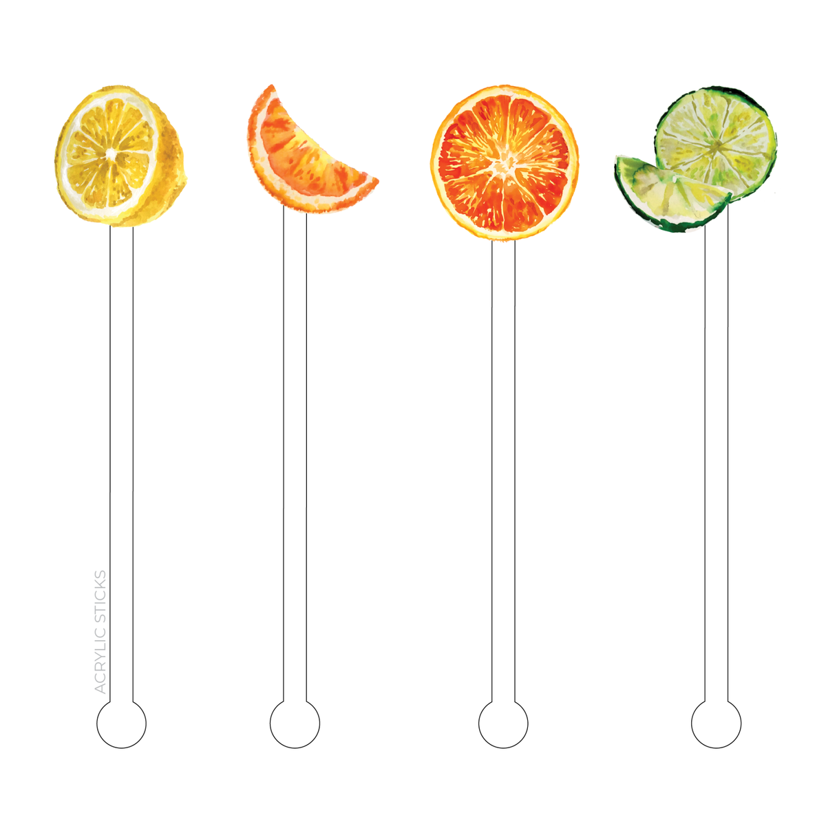 Set of four clear acrylic stir sticks with citrus fruit designs.