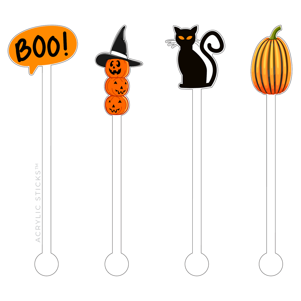Set of four clear acrylic stir sticks with a Halloween-themed fun pattern.