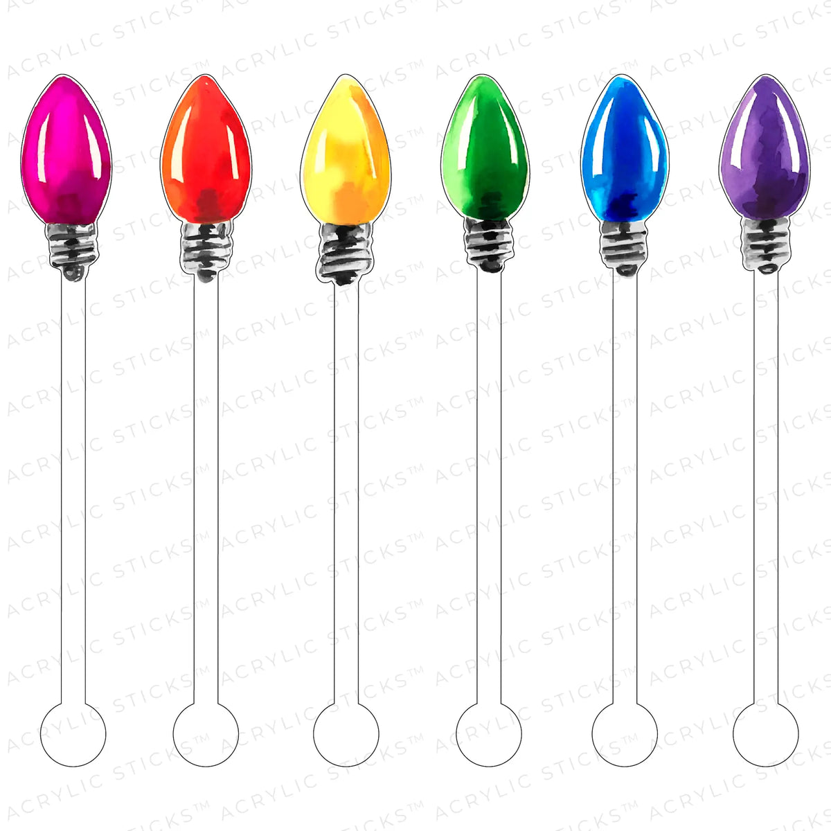 Set of four clear acrylic stir sticks with festive red bulb designs.