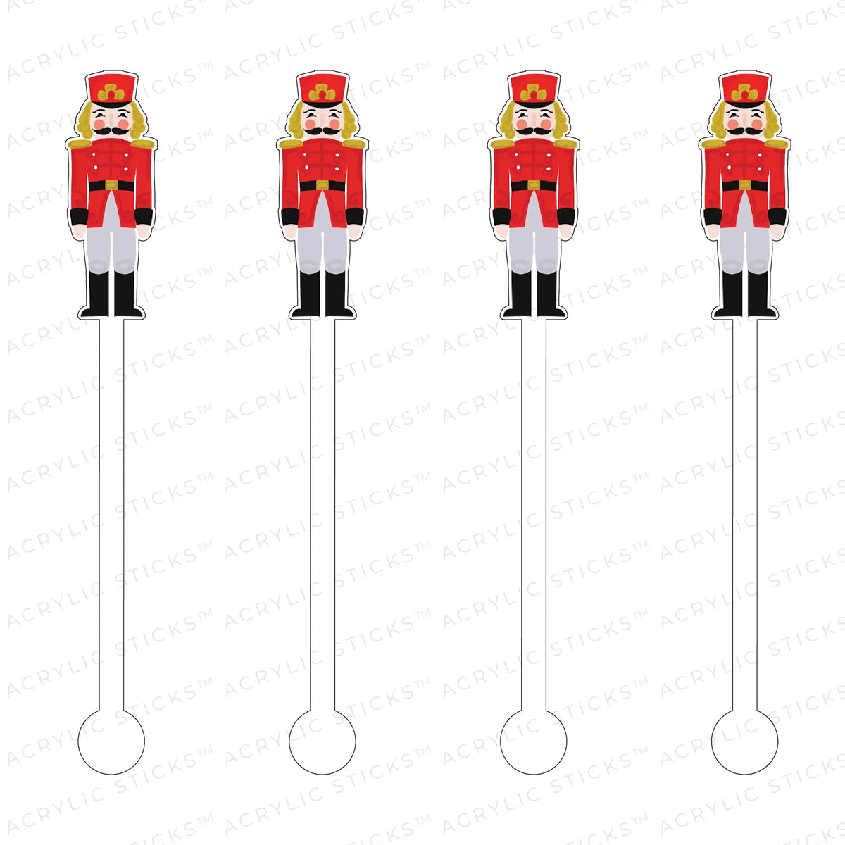 Set of four clear acrylic stir sticks with Russian nutcracker figures on top