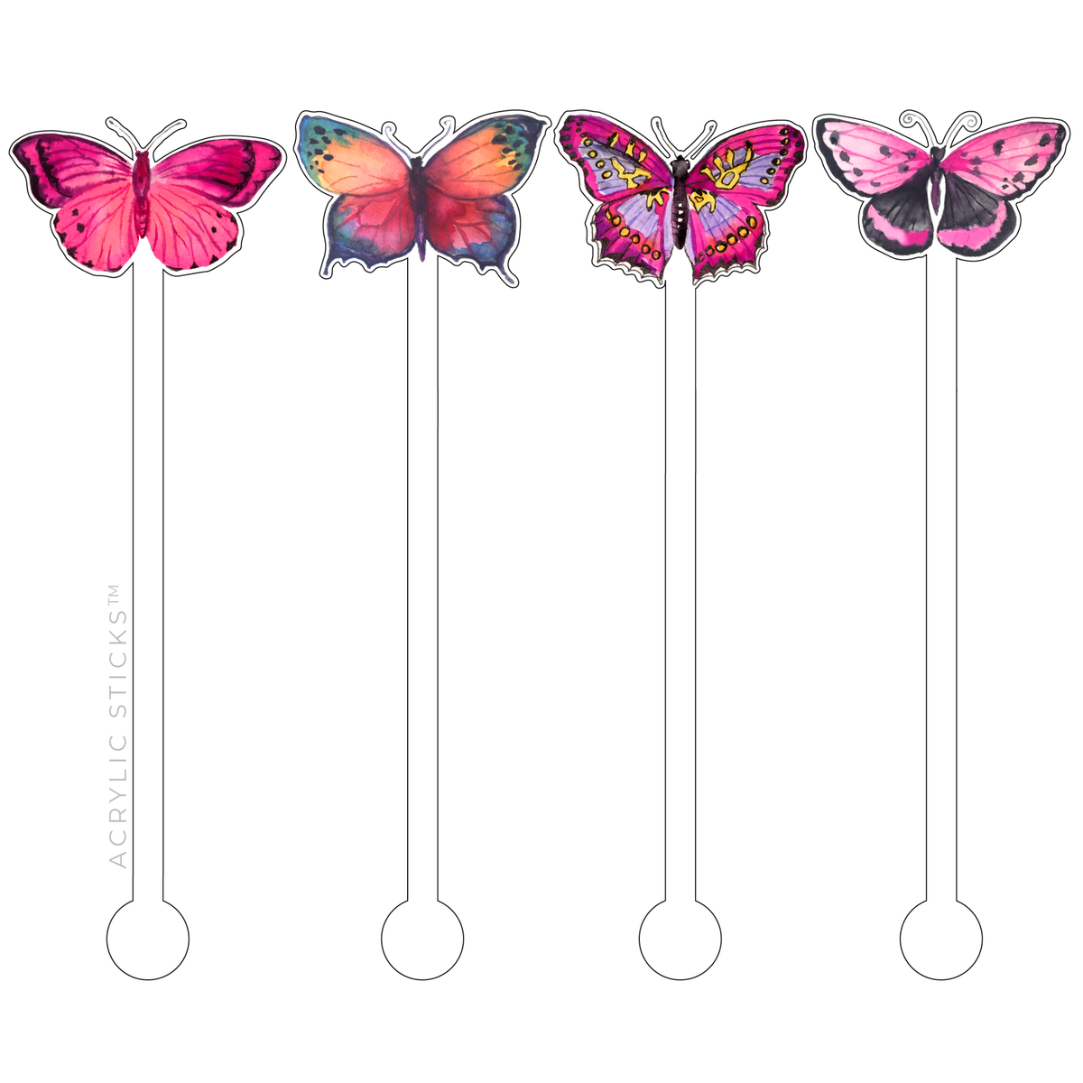Set of four clear acrylic stir sticks with spring butterfly patterns in pastel colors.
