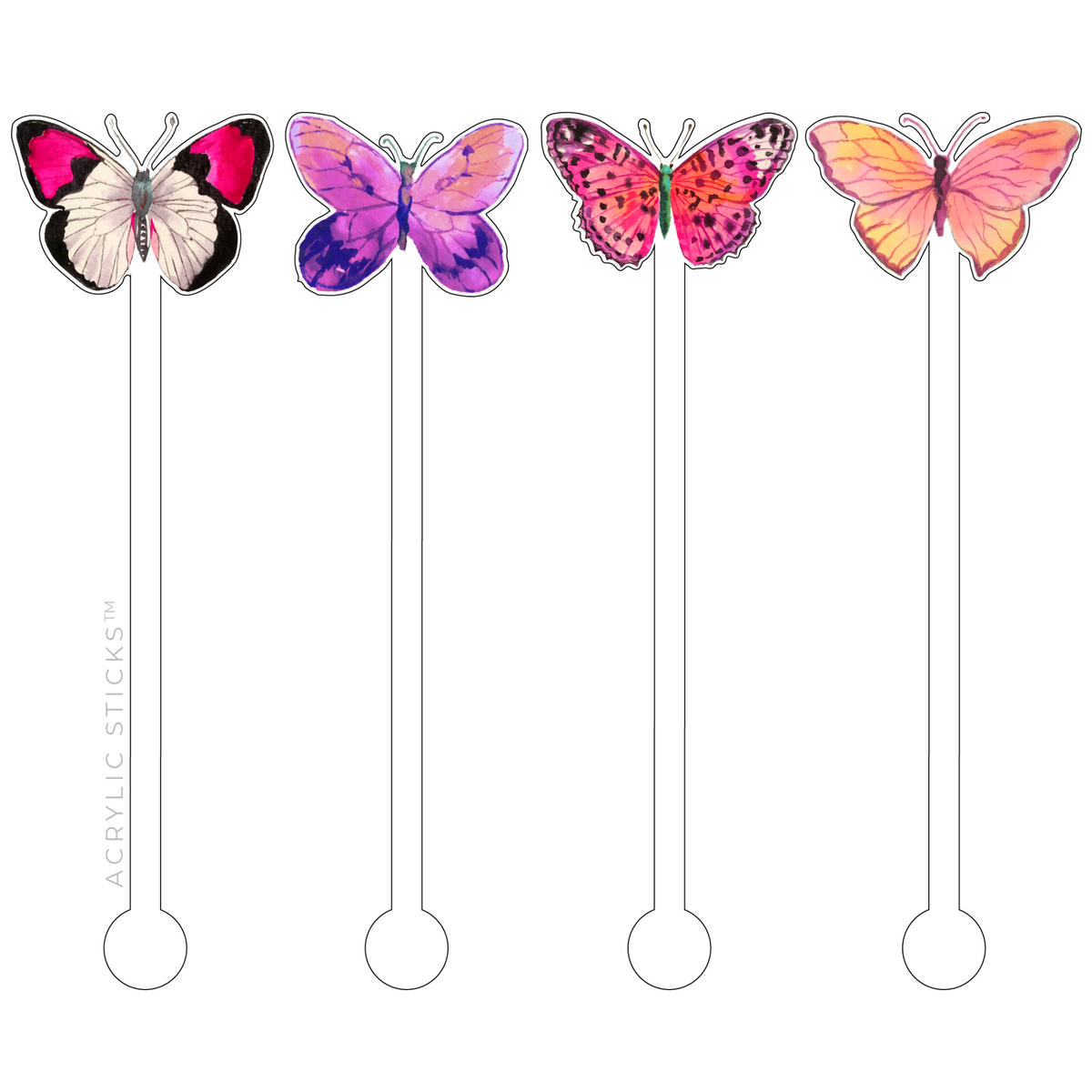 Set of four clear acrylic stir sticks with a spring flutter floral pattern.