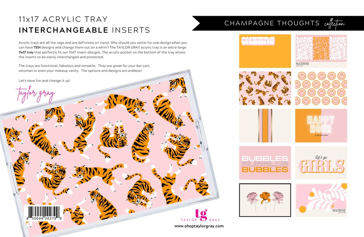 Set of acrylic bar trays with orange and pink champagne-themed designs.