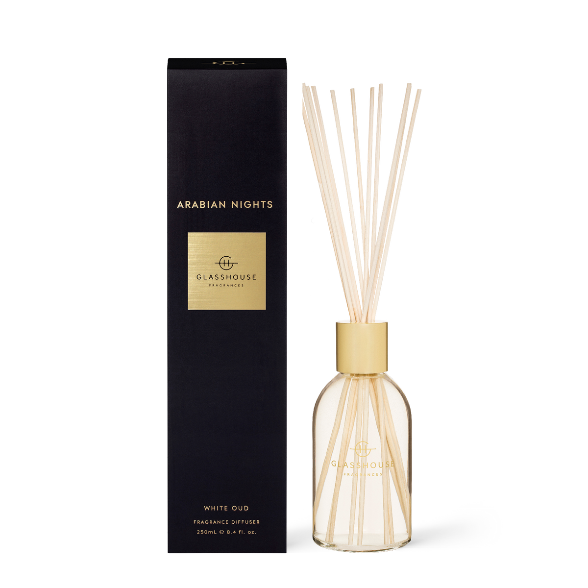 8.4 fl oz Arabian Nights diffuser bottle with white liquid inside.