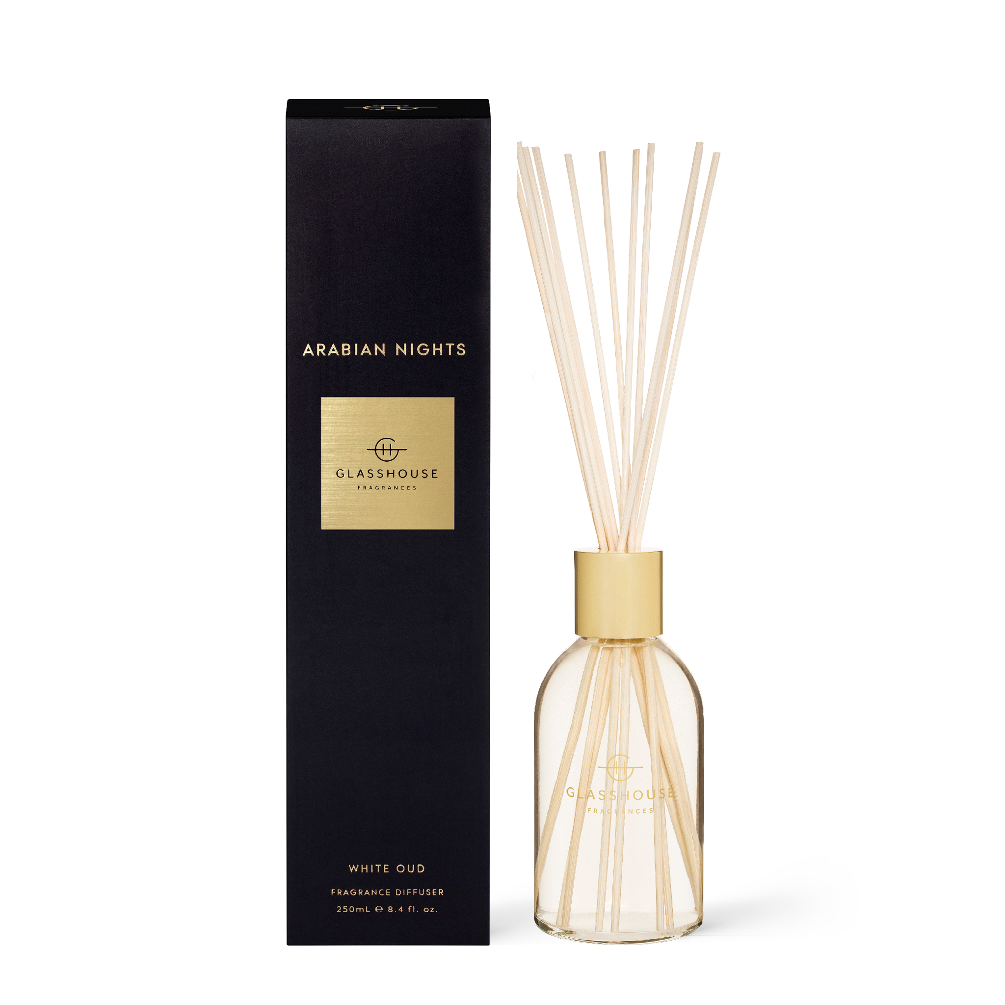 8.4 fl oz Arabian Nights diffuser bottle with white liquid inside.