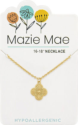 Gold quatrefoil pendant necklace on a Mazie Mae display card.