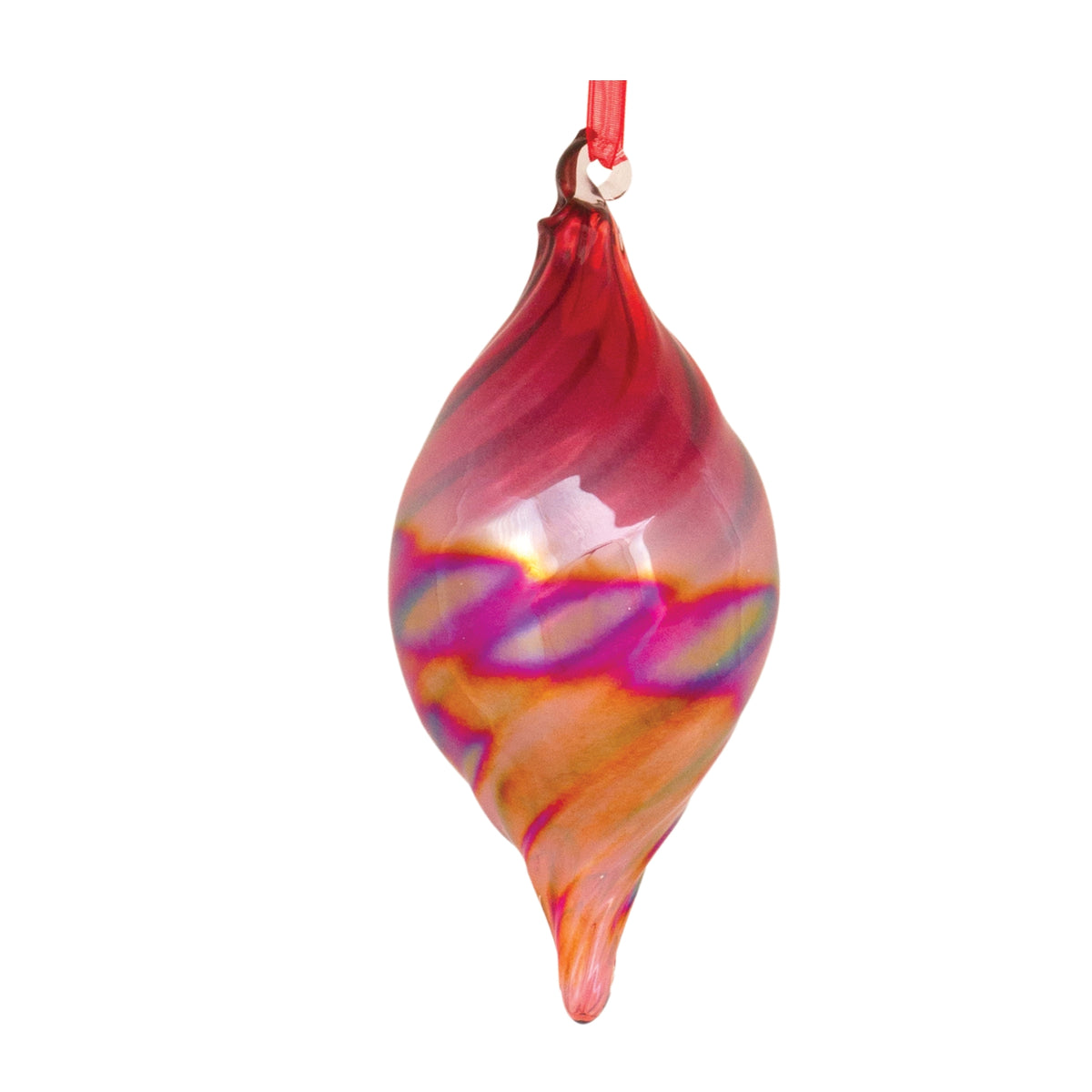 Tear-drop shaped glass ornament with red, pink, and orange iridescent swirls and a red ribbon.
