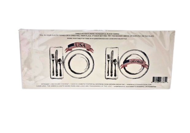 Back of packaging for American Flag Banner Table Accents showing place setting display ideas.