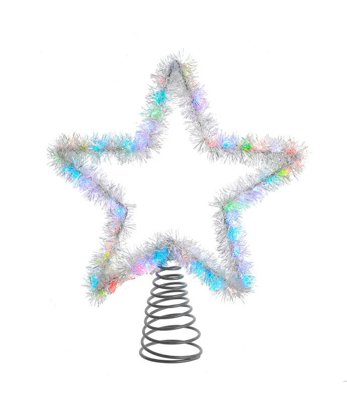 12.2-inch silver tinsel star Christmas tree topper with 55 RGB LED lights and a spring base.