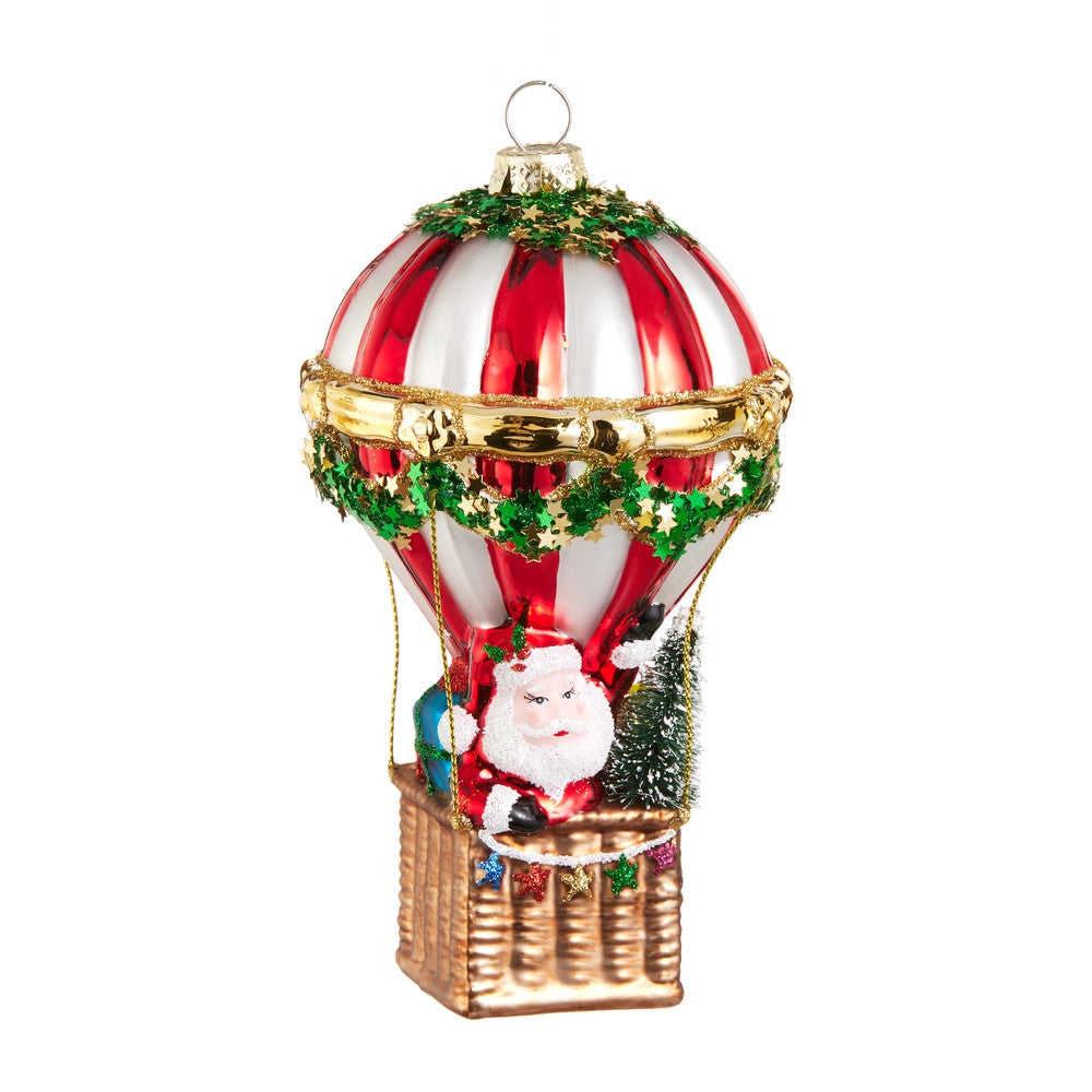 5.75-inch glass Santa hot air balloon ornament with red and white stripes and a woven basket.