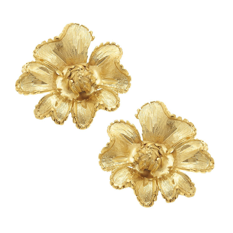 Marigold flower stud earrings with triple-plated 24K gold finish and .81-inch posts.