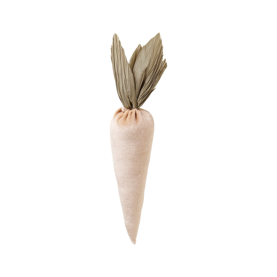 Large tan velvet stuffed carrot with a tapered silhouette.