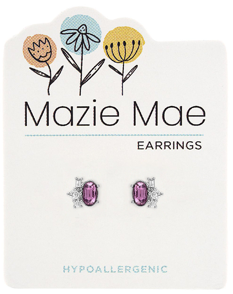 Silver stud earrings featuring an oval light amethyst stone with a cluster of clear crystals.