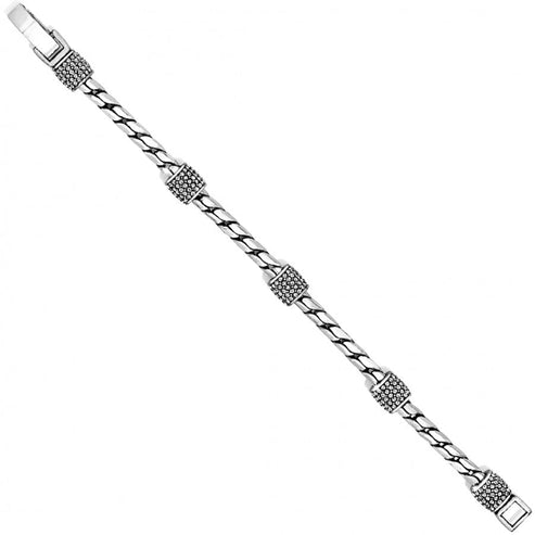 Silver plated adjustable bangle bracelet with crystal stations on a fold-over clasp.