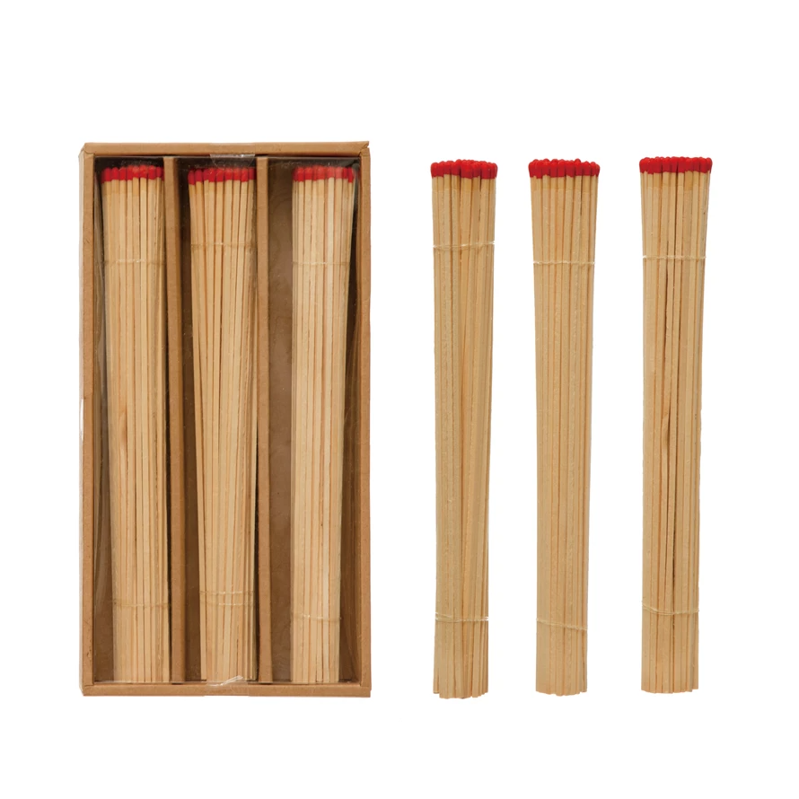 Red box containing 150 safety matches made with paper and poplar wood.