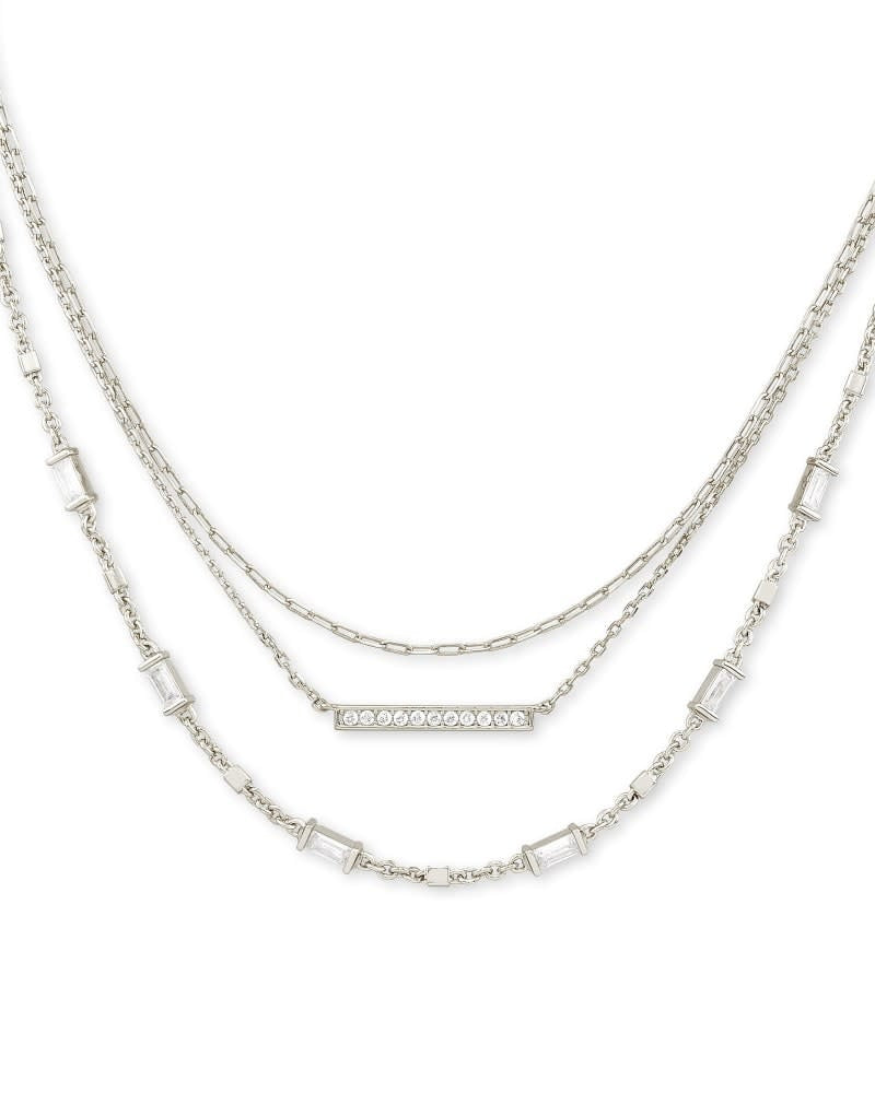 Three-strand necklace in rhodium metal with lobster claw closure