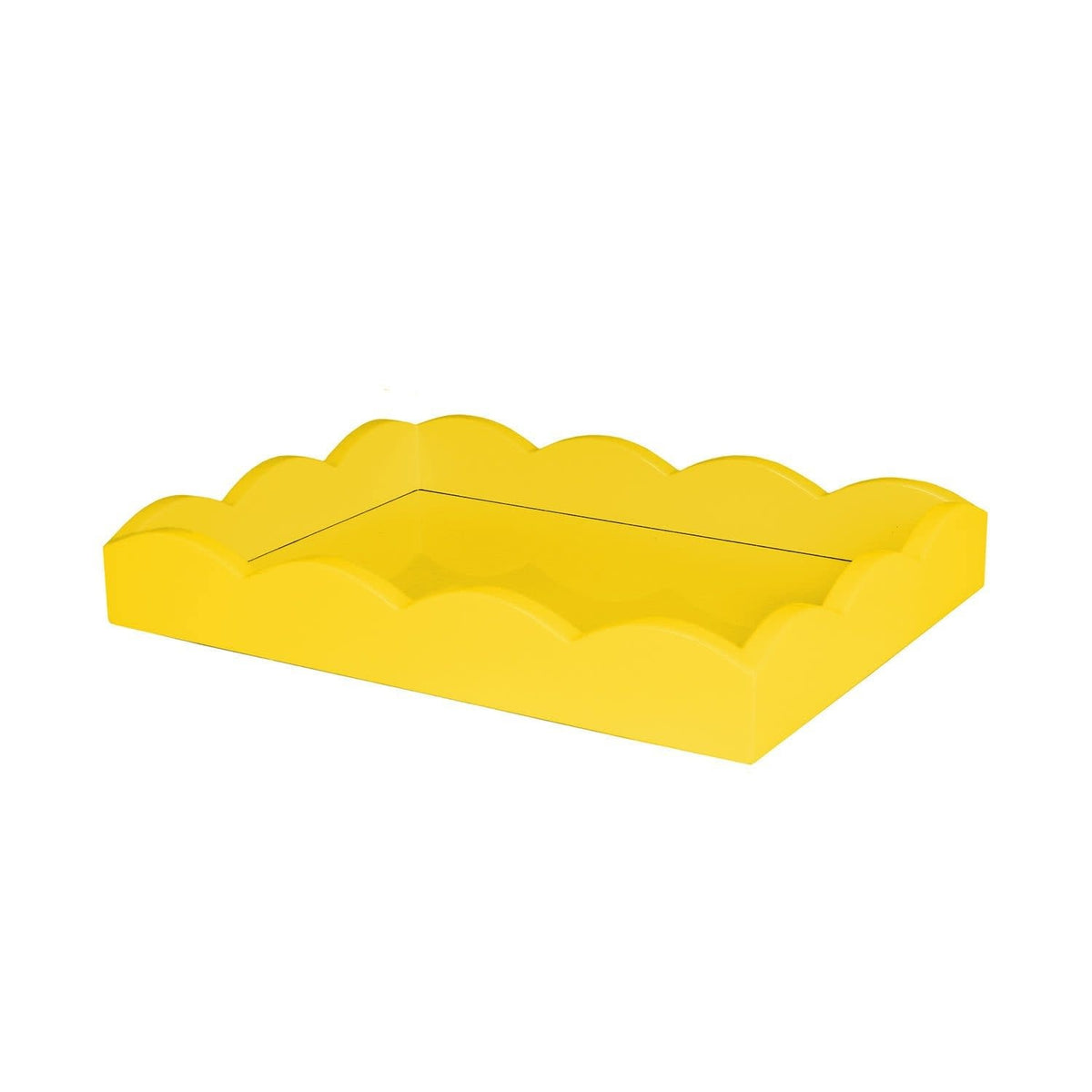 Yellow glossy lacquer tray with cream velvet base and scalloped edge