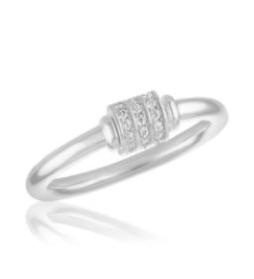 Silver-plated CZ Barrel Spinning Stack Ring with three rows of clear cubic zirconia stones.