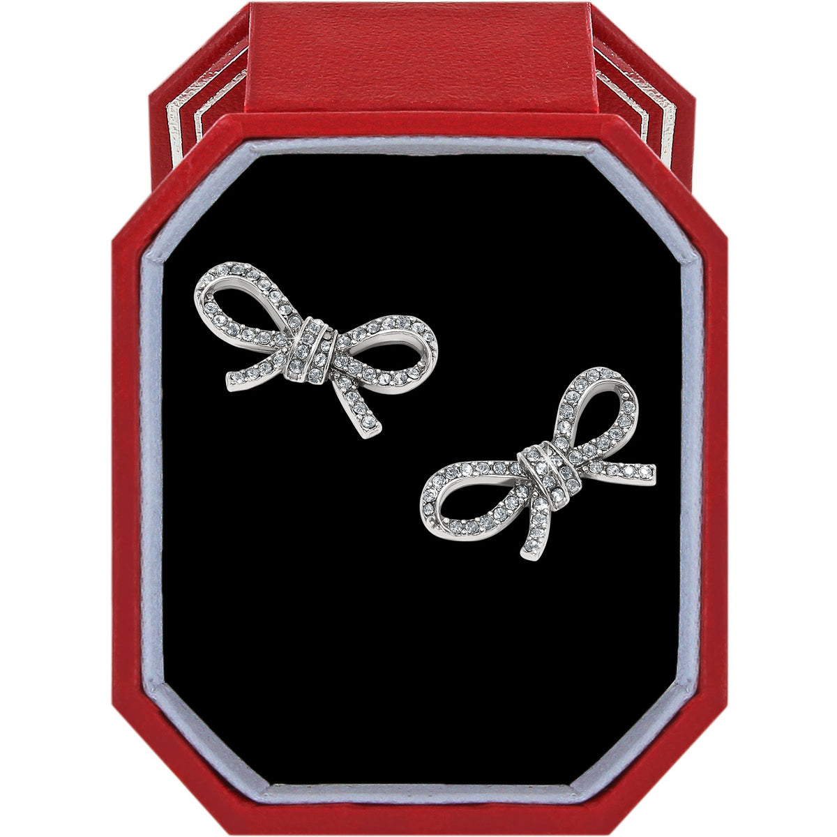 Silver plated Illumina bow post earrings with fine quality crystals in a red Brighton gift box.