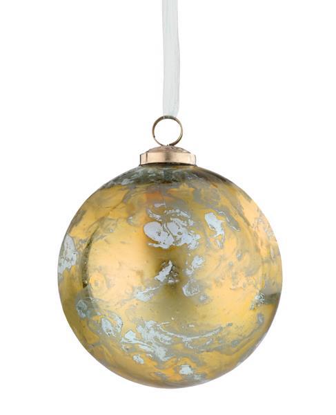 Five-inch glass ball ornament with gold marble swirls on a white background.