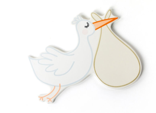 Mini Flying Stork Attachment ceramic decor featuring a white stork carrying a beige bundle.