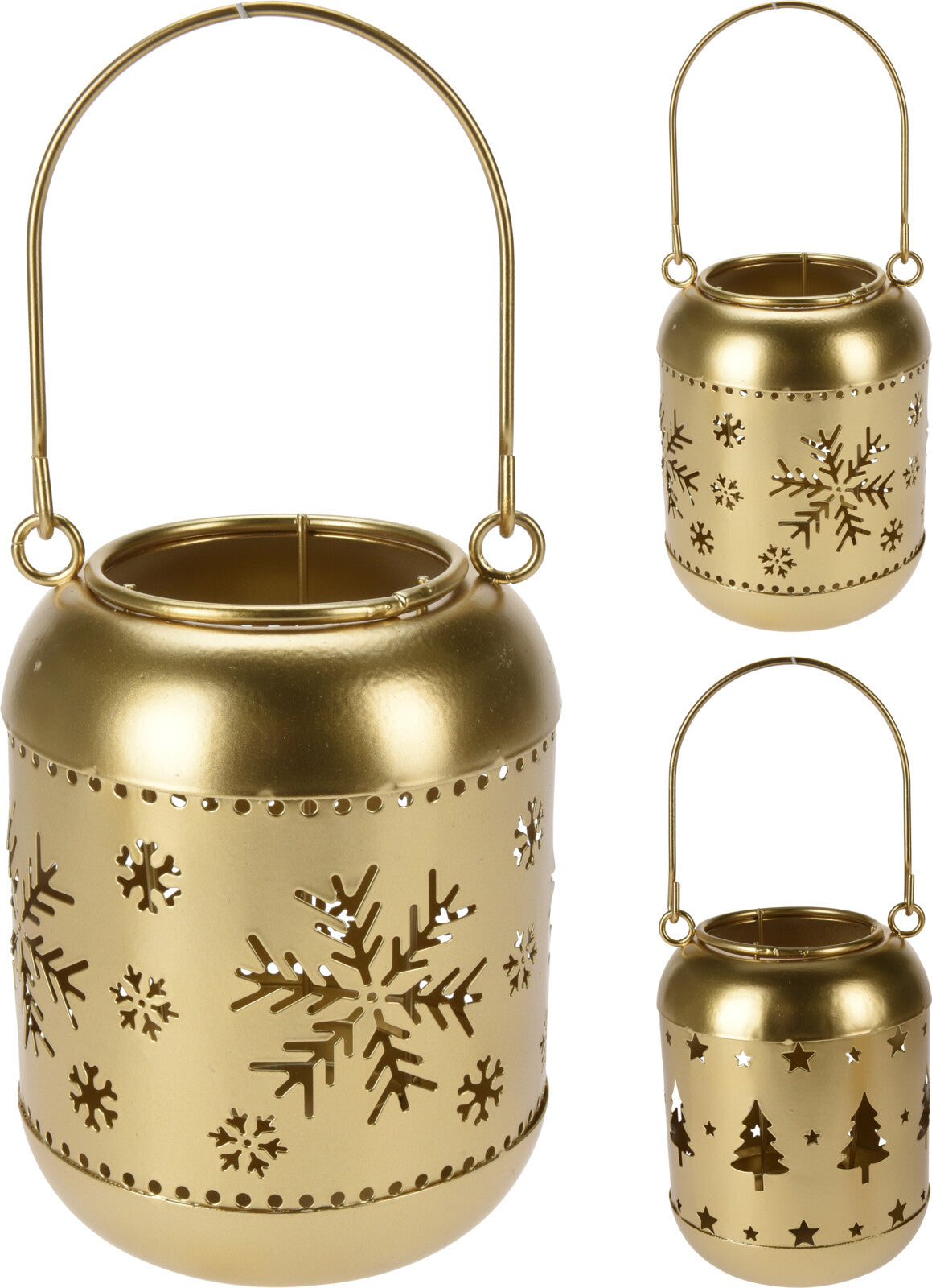 Three gold metal lanterns with cutout snowflake and Christmas tree designs and wire handles.