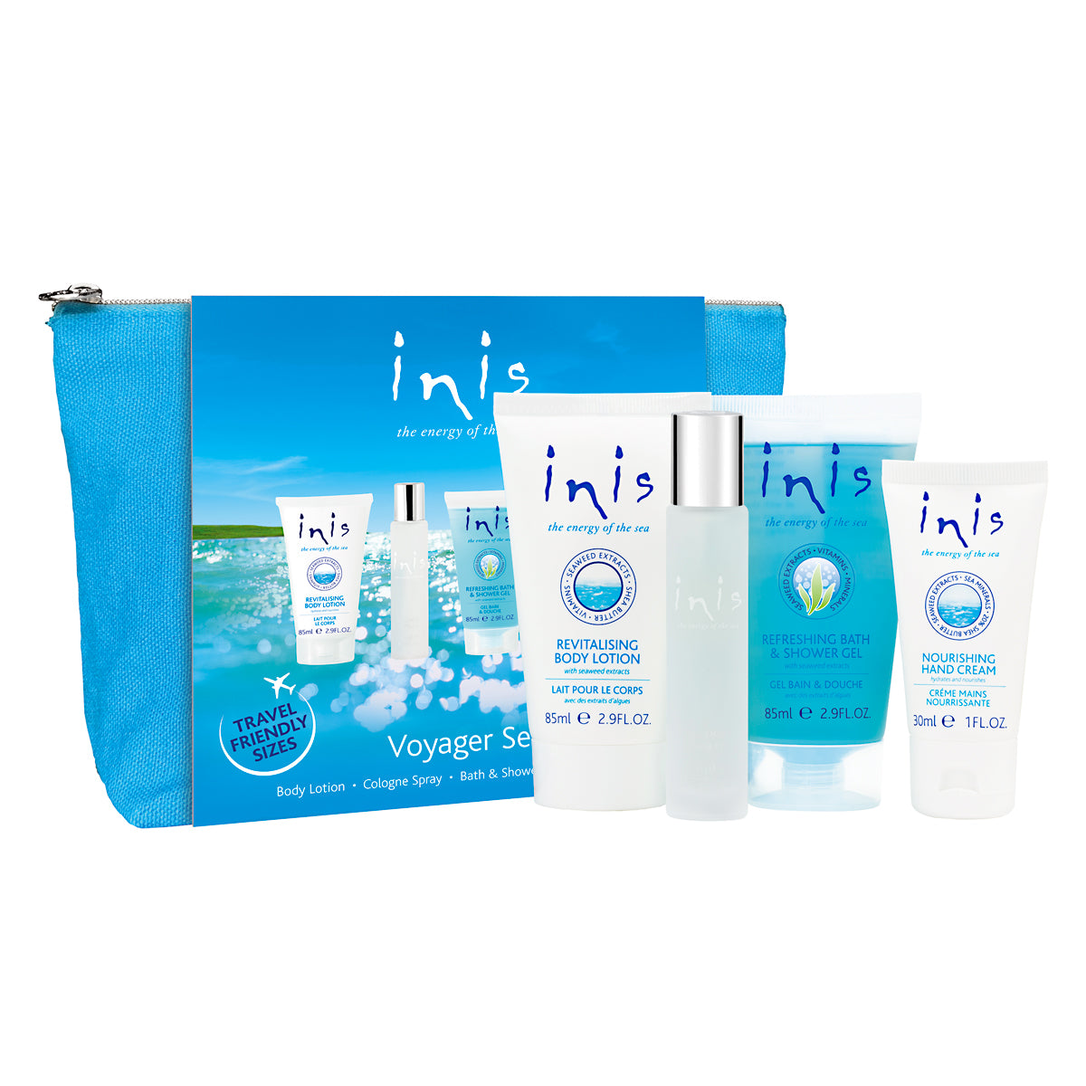 Inis Voyager Gift Set featuring travel cologne spray, body lotion, shower gel, and hand cream in clear packaging.