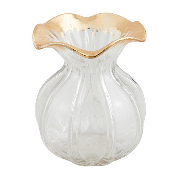 Textural glass vase with a fluted body and hand-painted gold ruffle rim.
