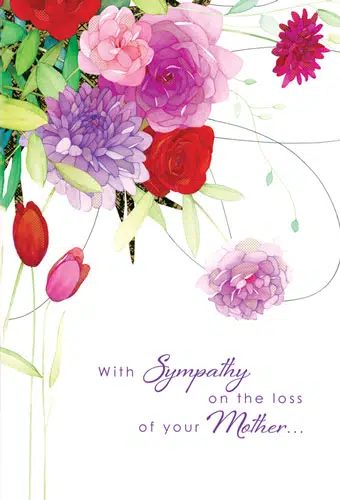 Purple foil sympathy card corner featuring embossed text honoring a lost mother.