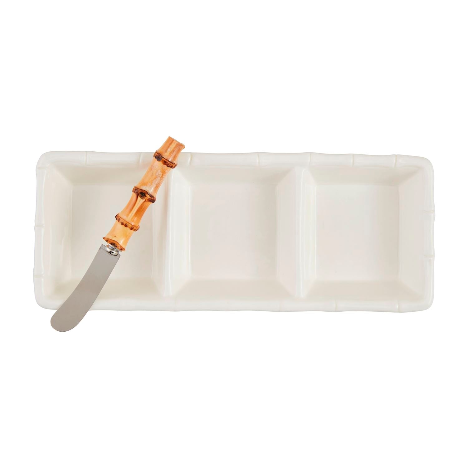 White stoneware triple tidbit tray with bamboo-style edges and a matching bamboo-handled spreader.