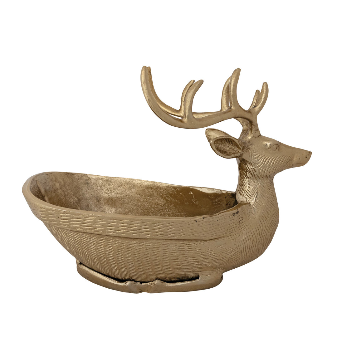 Gold finish cast aluminum reindeer shaped bowl and bottle holder with textured details.